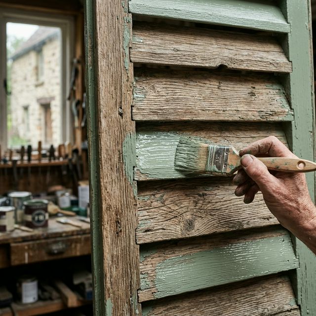 Peintre appliquant une peinture vert sauge sur d'anciens volets en bois, gros plan sur le pinceau