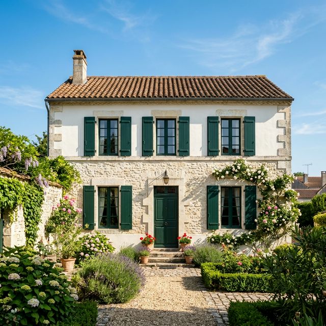 Habitation traditionnelle en calcaire avec volets verts foncés