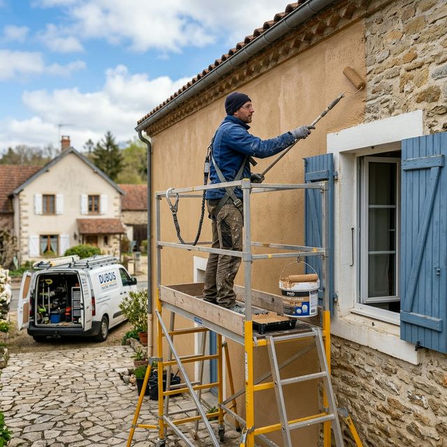 Peintre façadier appliquant une couche de peinture extérieure sur un mur depuis un échafaudage