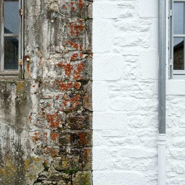 Comparatif visuel réaliste avant/après nettoyage et application de peinture blanche sur façade dégradée