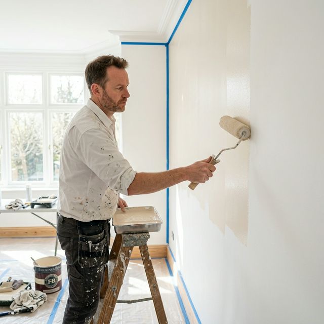 Artisan peintre appliquant une peinture couleur beige clair au rouleau sur un mur parfaitement préparé