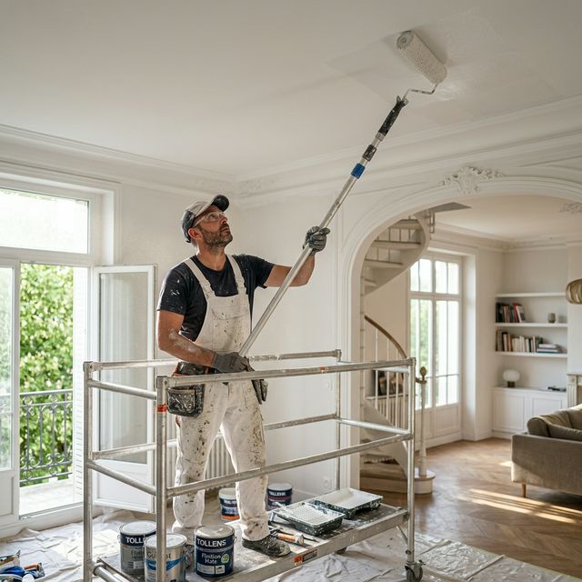 Artisan peintre peignant un plafond avec un rouleau télescopique dans un grand salon lumineux