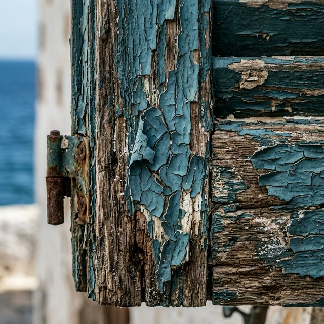 Macrophotographie de volets en bois avec peinture écaillée à cause du sel et de l'humidité