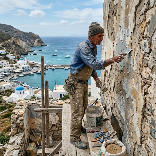 Artisan peintre professionnel grattant et préparant un mur extérieur dégradé près de la mer