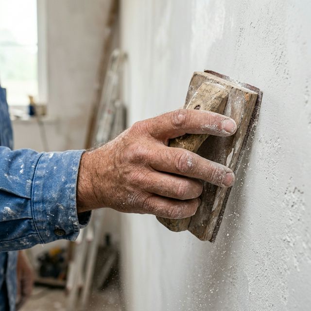 Main d'un peintre professionnel utilisant une cale à poncer sur un mur enduit blanc