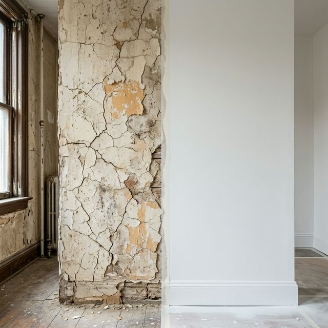 Mur intérieur avant réparation avec fissures, et mur après réparation parfaitement lisse et blanc