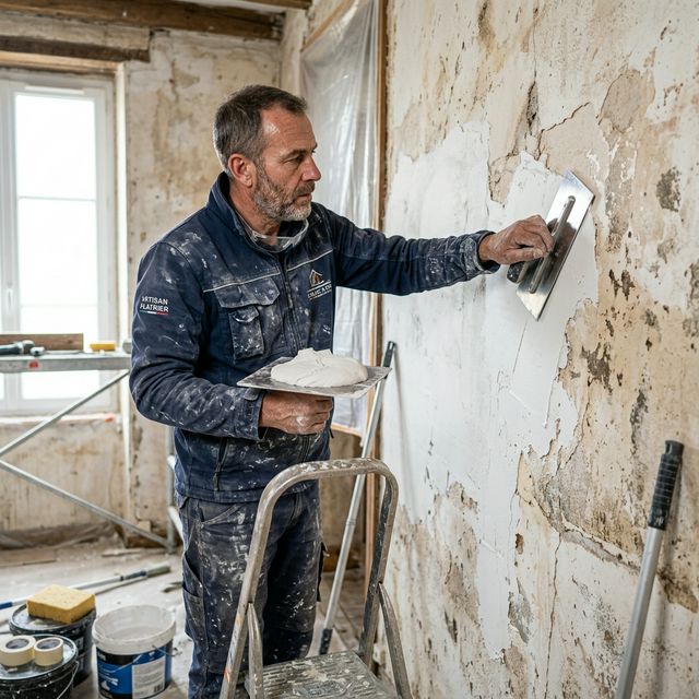 Artisan peintre préparant un mur intérieur avec enduit de lissage avant peinture