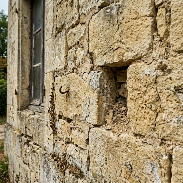 État d'usure d'un mur en belle pierre de taille abîmée avant rénovation du mortier