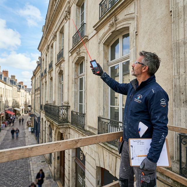 Artisan prenant des mesures avec précision au télémètre laser pour rédiger un devis