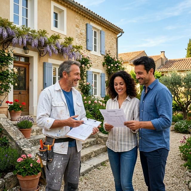 Artisan peintre discutant des travaux de peinture extérieure avec ses clients