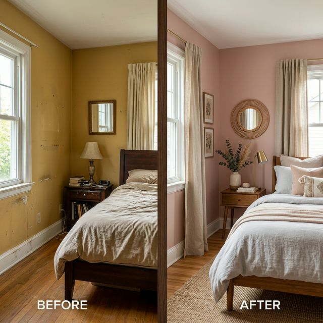 Chambre redécorée à Cabariot, avant et après travaux