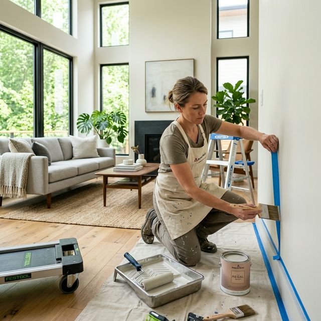 Peintre LACS17 préparant et peignant un salon moderne