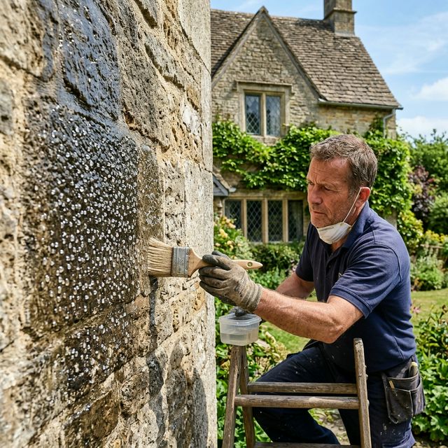 Artisan appliquant un traitement hydrofuge sur façade en pierre