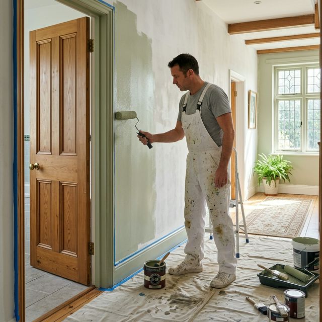 Peintre tapissier professionnel peignant un couloir