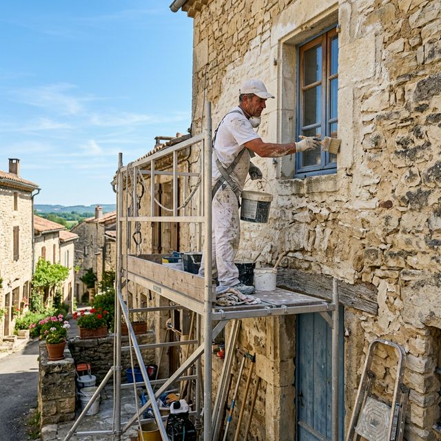 Artisan peintre LACS17 en plein travail sur une façade